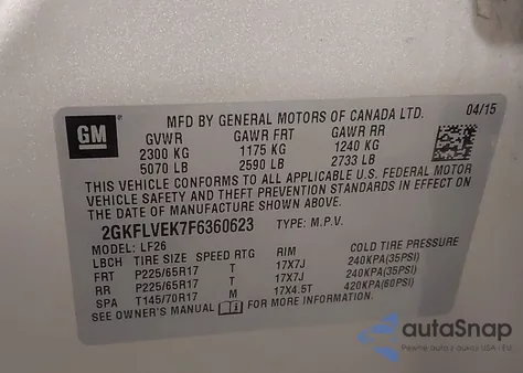 2015 GMC Terrain Sle z USA, uszkodzony, nr VIN 2GKFLVEK7F6360623